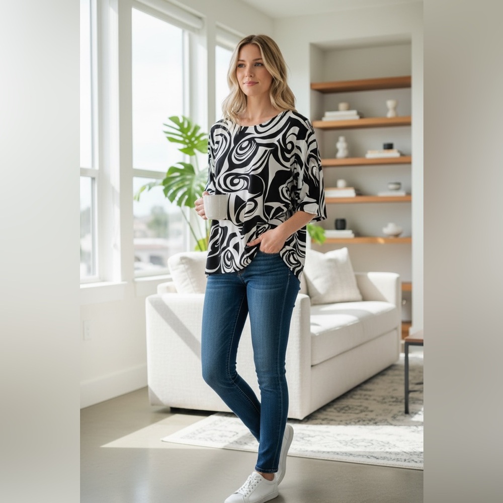INC International Concepts Blouse in Black and White Swirl Pattern
